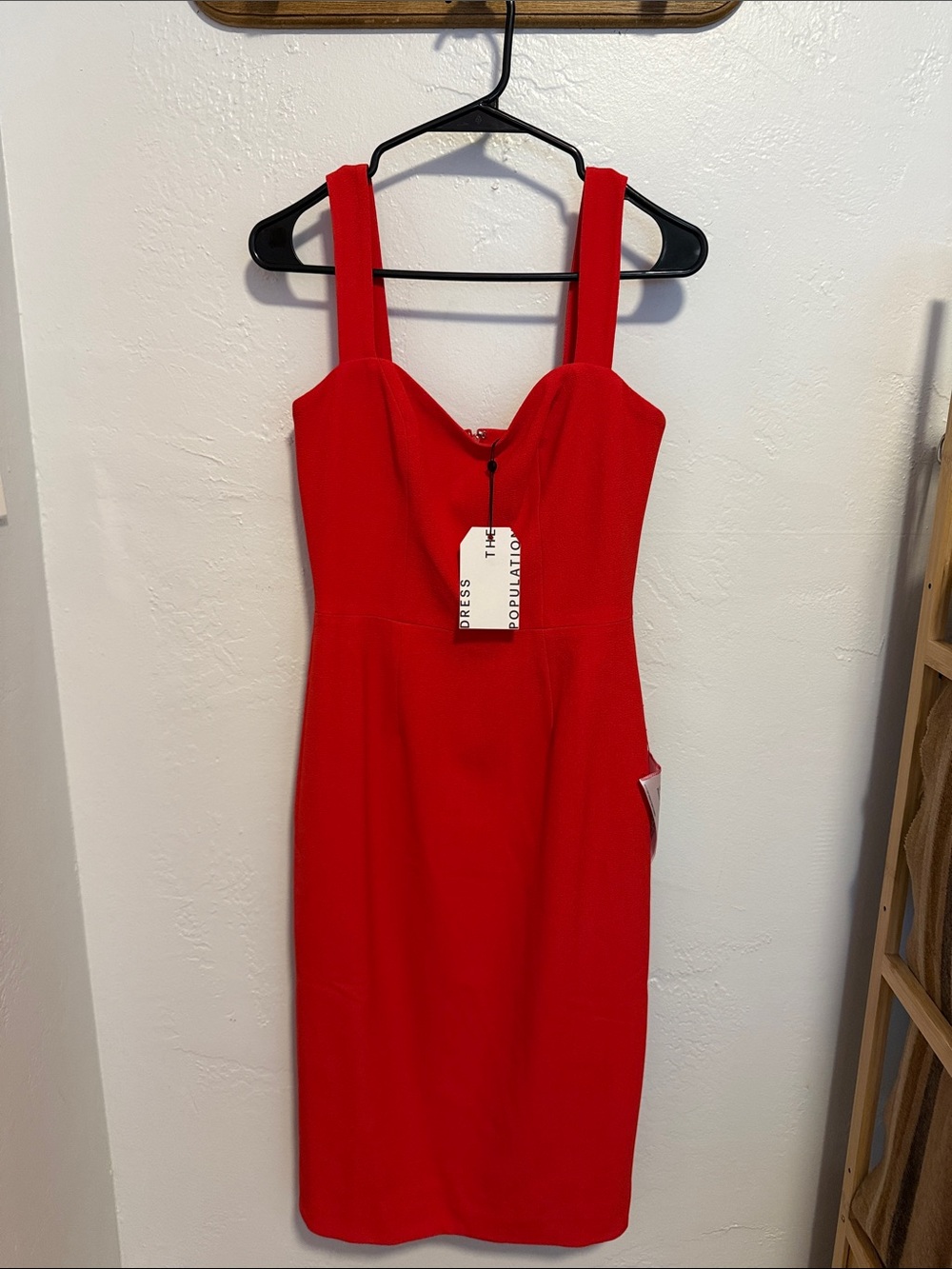 Dress the Population Red Midi Sheath Dress with Wide Straps Nicole Sweetheart